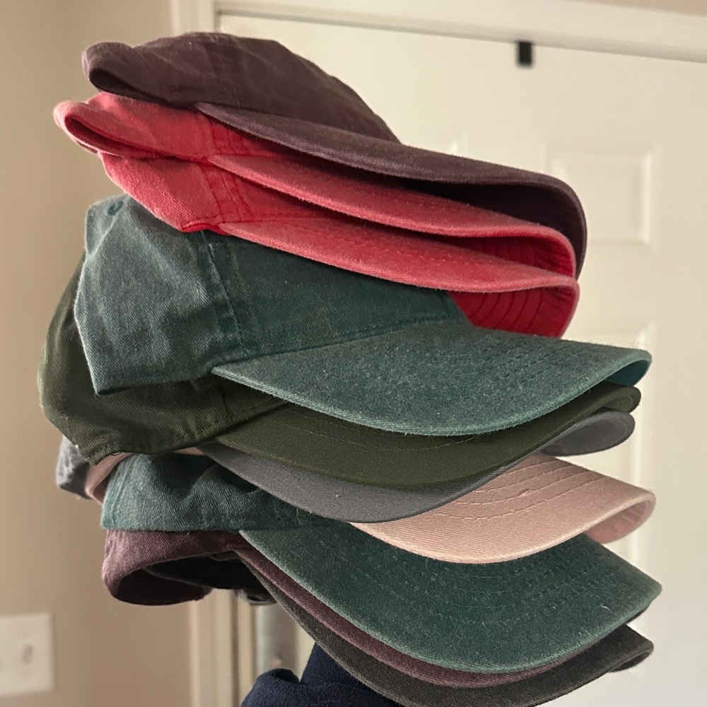 Stack of Washed Cotton Baseball Caps - Green, Olive, Red, Pink, Brown